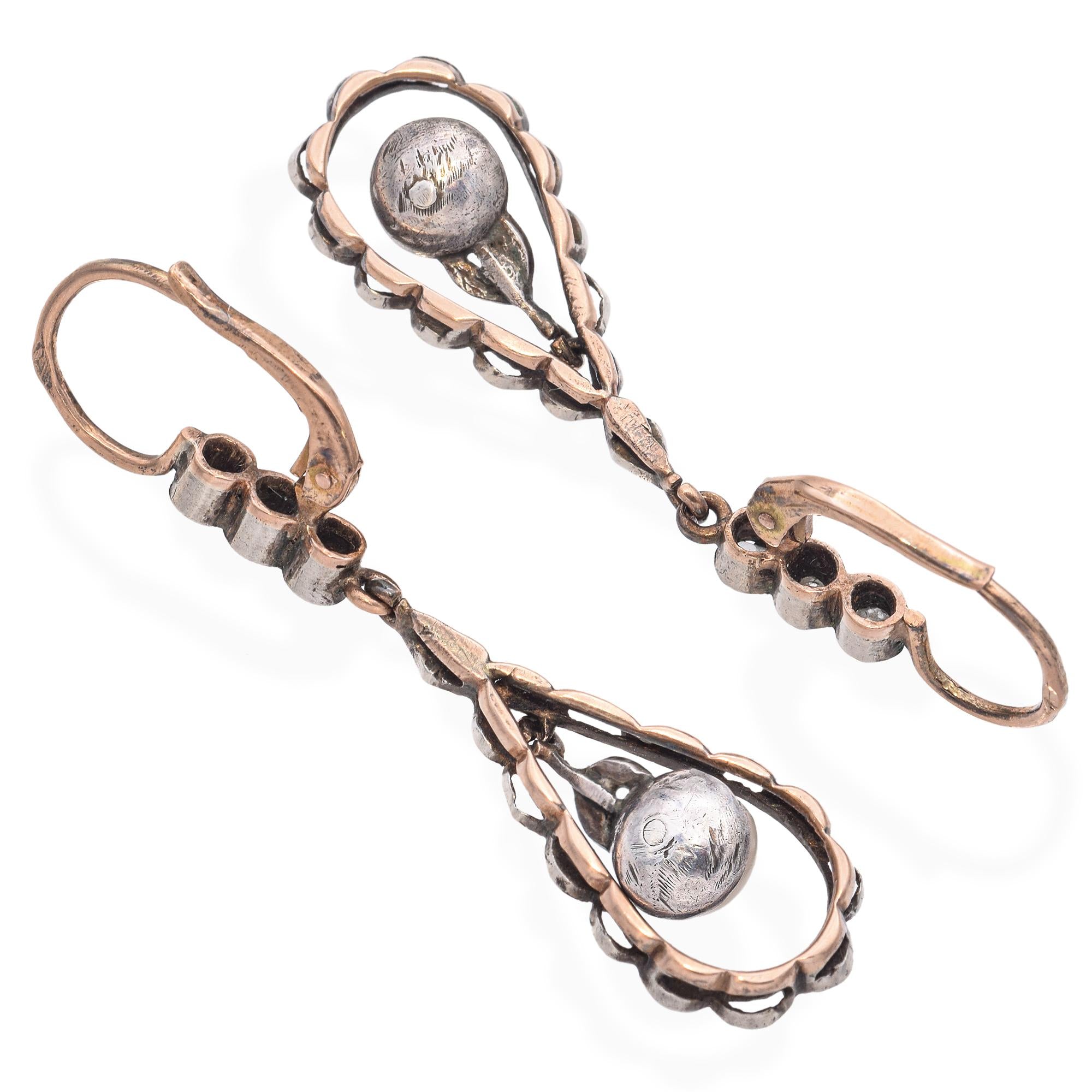 Antique 14k Rose Gold and Silver Pearl and Rose Cut Diamond Drop Earrings