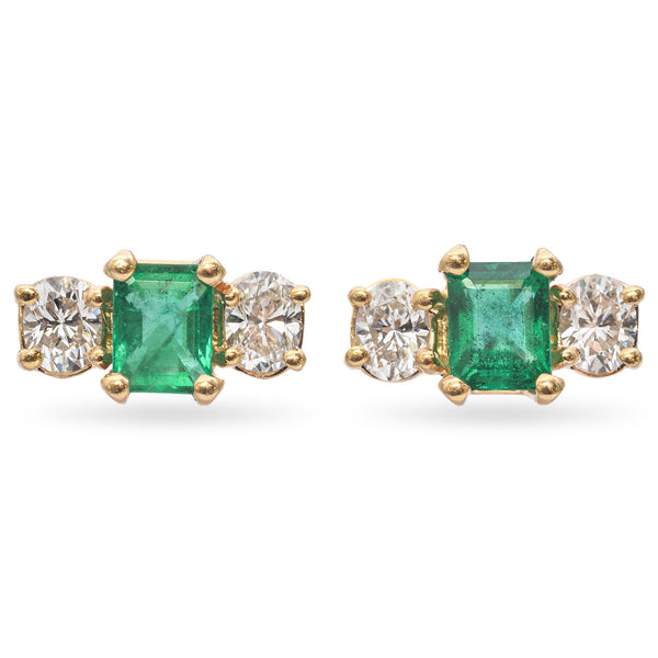 14K Yellow Gold 0.98 Ct. Emerald and Diamond Stud Earrings