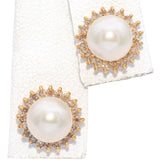 Vintage 14K Yellow Gold Pearl and Diamond Halo Earrings and Pendant Set