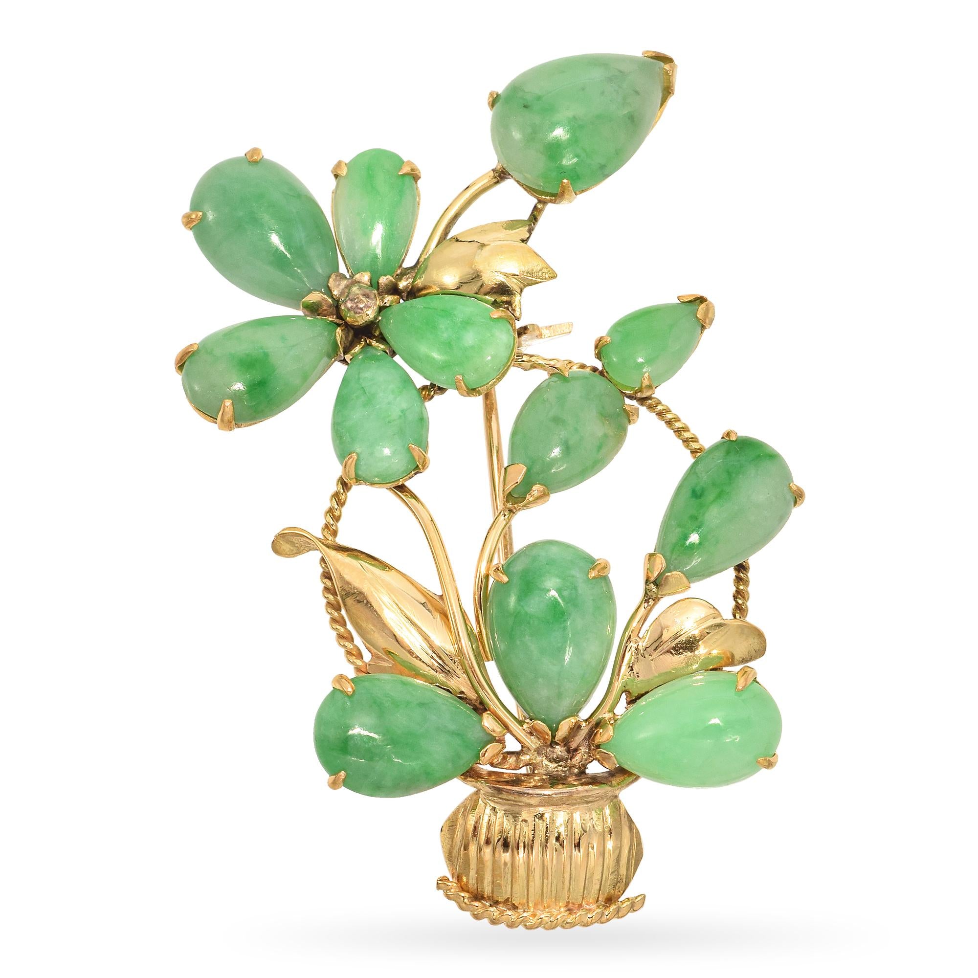 Vintage 14K Yellow Gold Jade Floral Basket Brooch