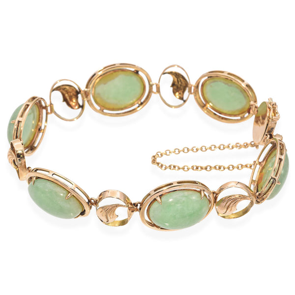 Vintage 14K Yellow Gold Jade Cabochon Leaf Motif Bracelet