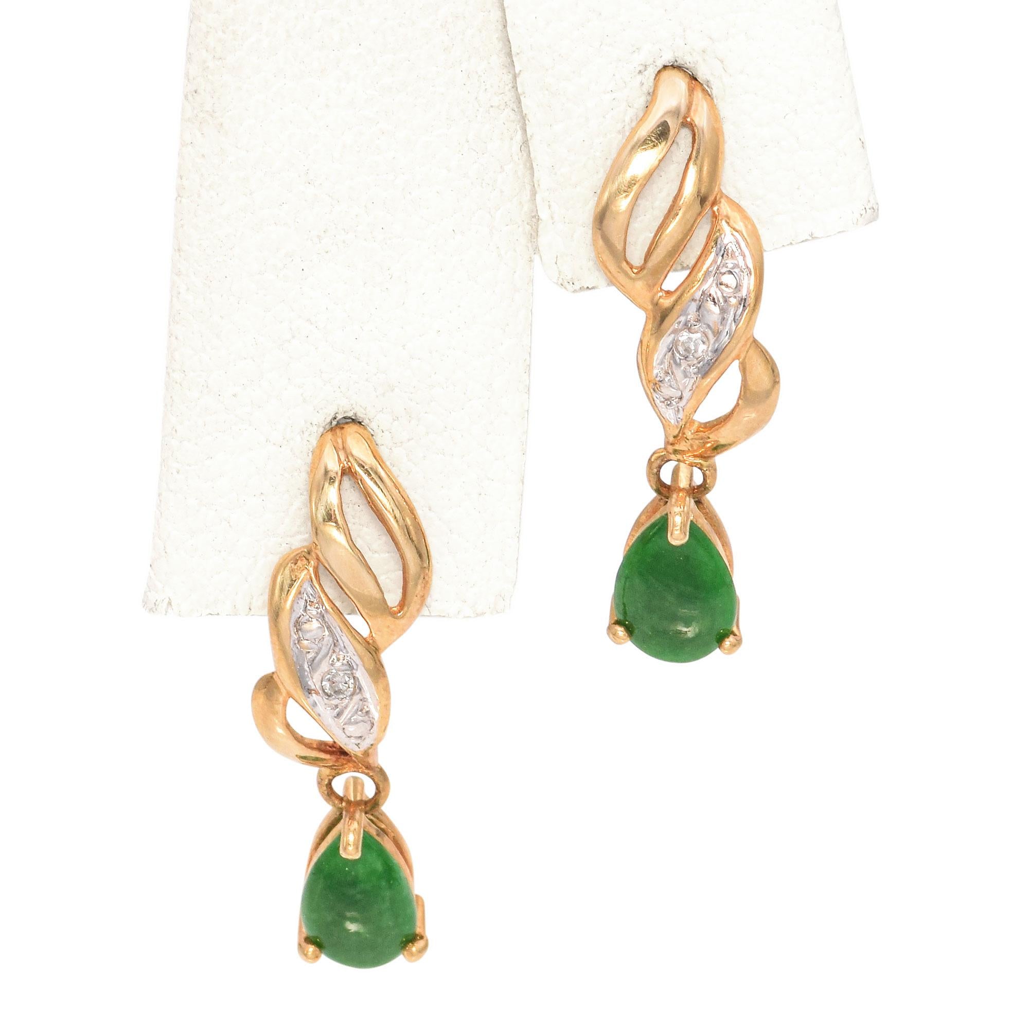 14K Yellow Gold Jade and Diamond Dangle Drop Earrings