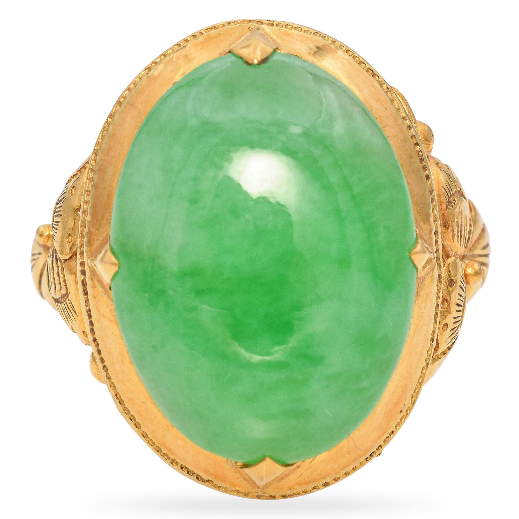 Vintage 22K Yellow Gold Large Green Jade Cabochon Statement Ring