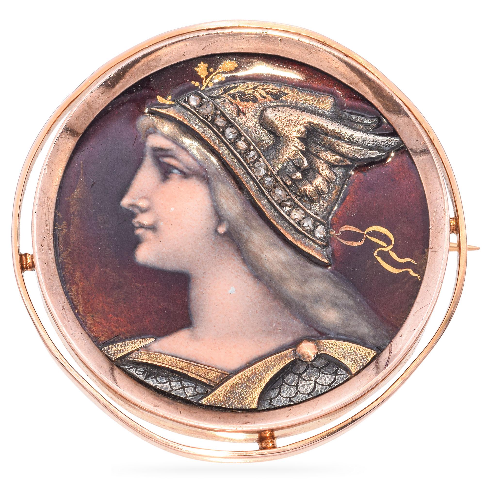 Antique 17K Rose Gold Diamond Enamel Athena Round Brooch Pin