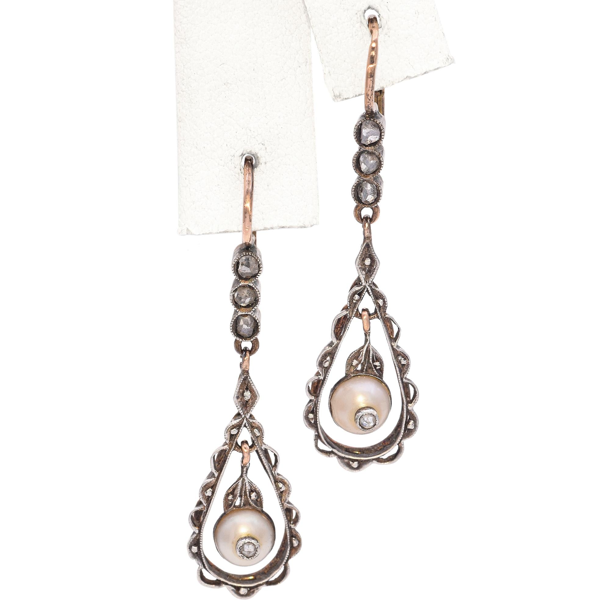 Antique 14k Rose Gold and Silver Pearl and Rose Cut Diamond Drop Earrings