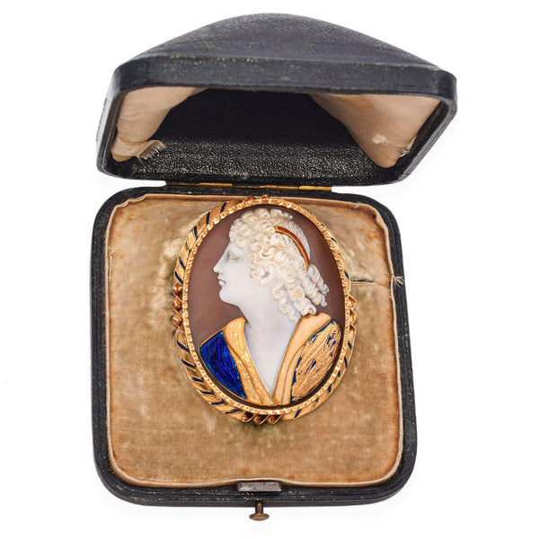 Antique French 16k Yellow Gold Sardonyx Shell Commesso Cameo Brooch