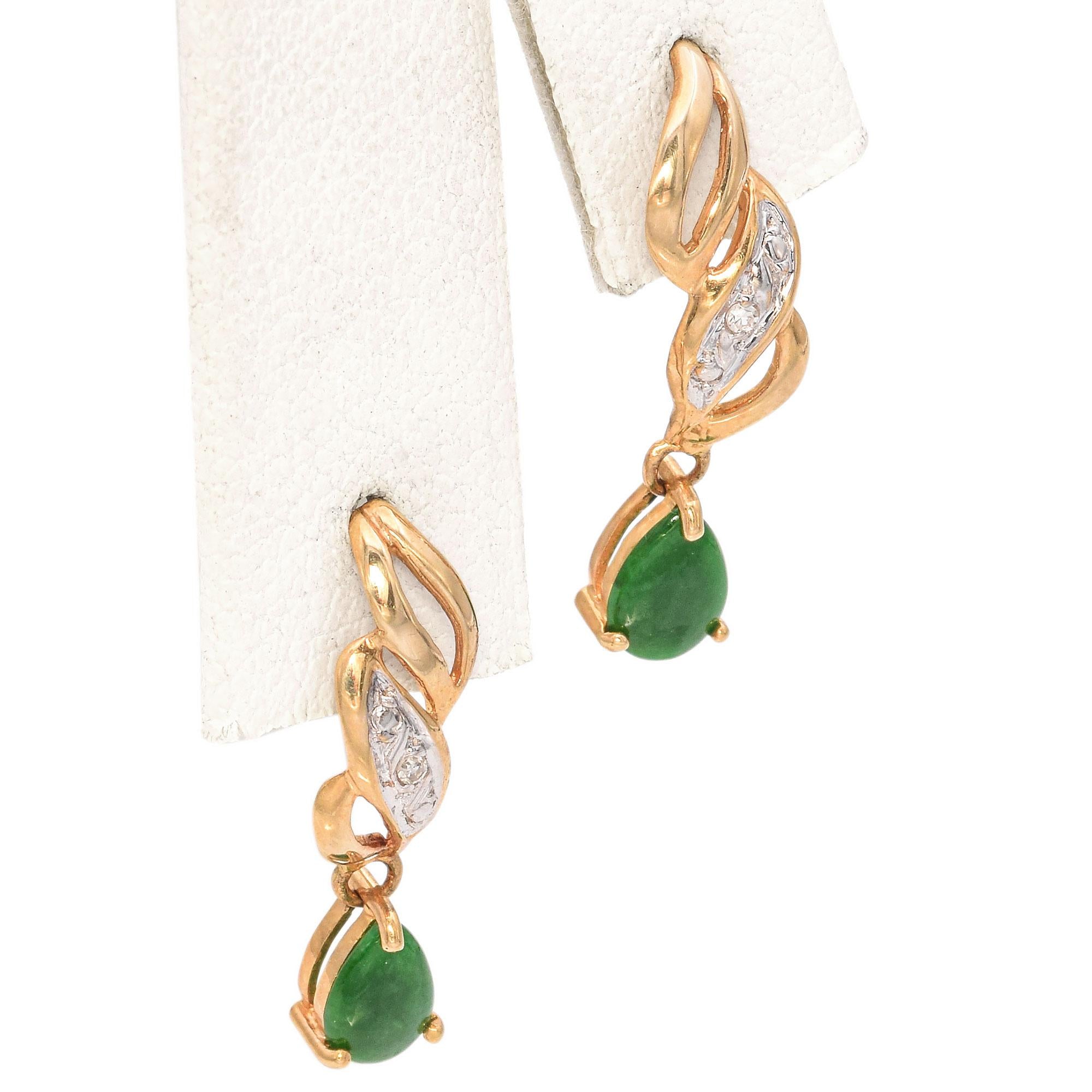 14K Yellow Gold Jade and Diamond Dangle Drop Earrings