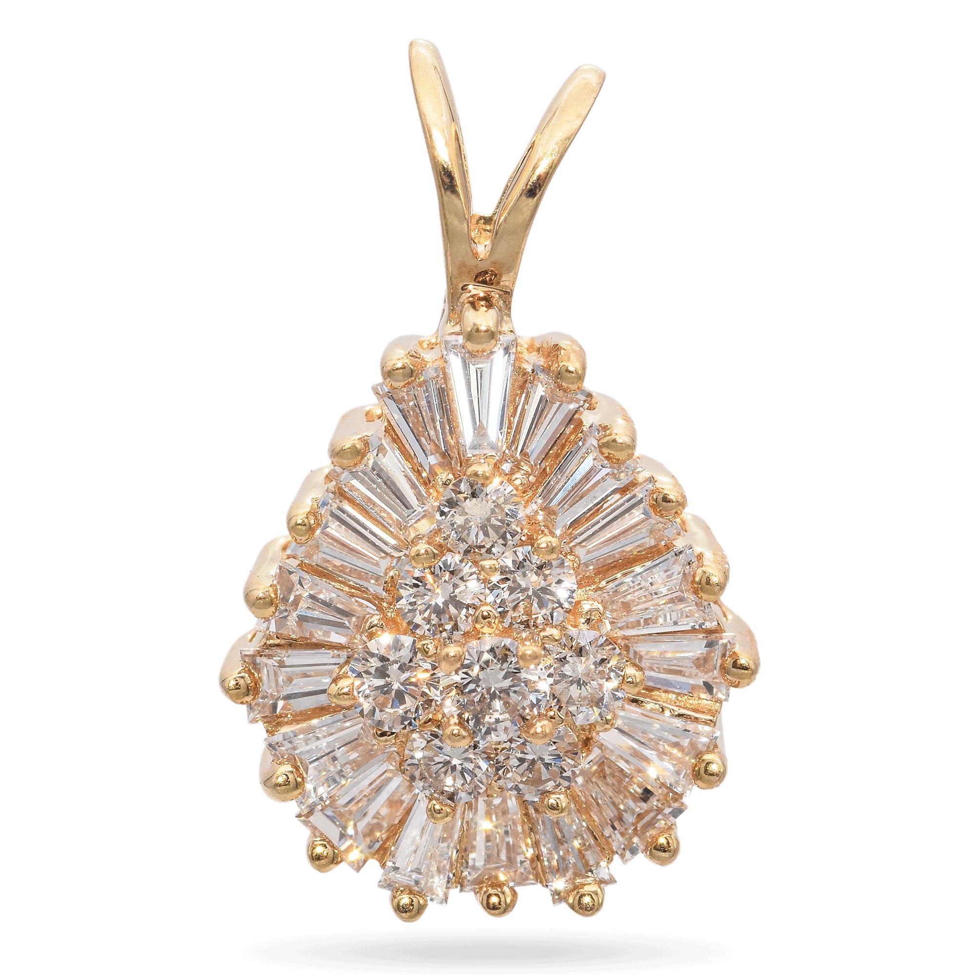 14K Yellow Gold 1.10 TCW Round and Tapered Baguette Diamond Cluster Pendant