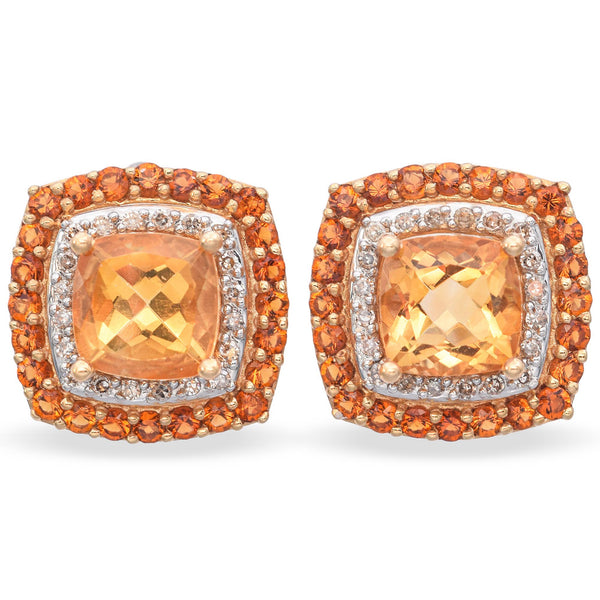 14K Yellow Gold 3.9 TCW Cushion Cut Citrine Diamond Stud Earrings