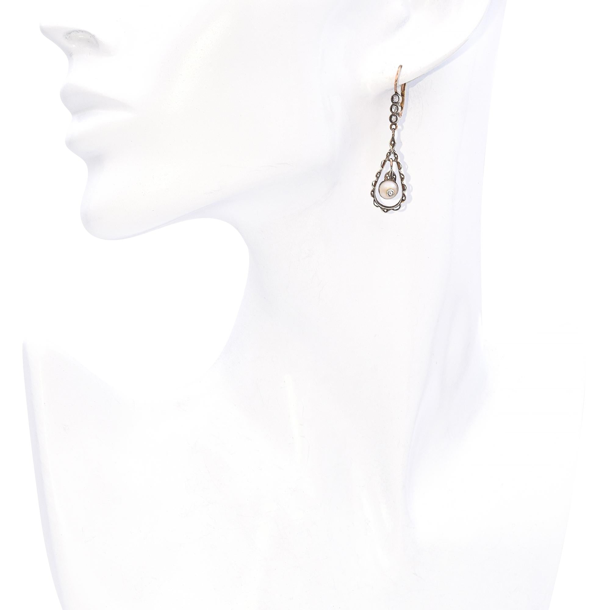 Antique 14k Rose Gold and Silver Pearl and Rose Cut Diamond Drop Earrings