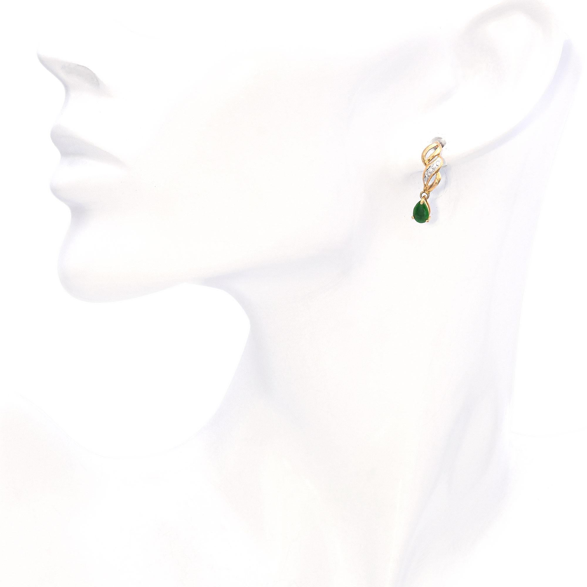 14K Yellow Gold Jade and Diamond Dangle Drop Earrings