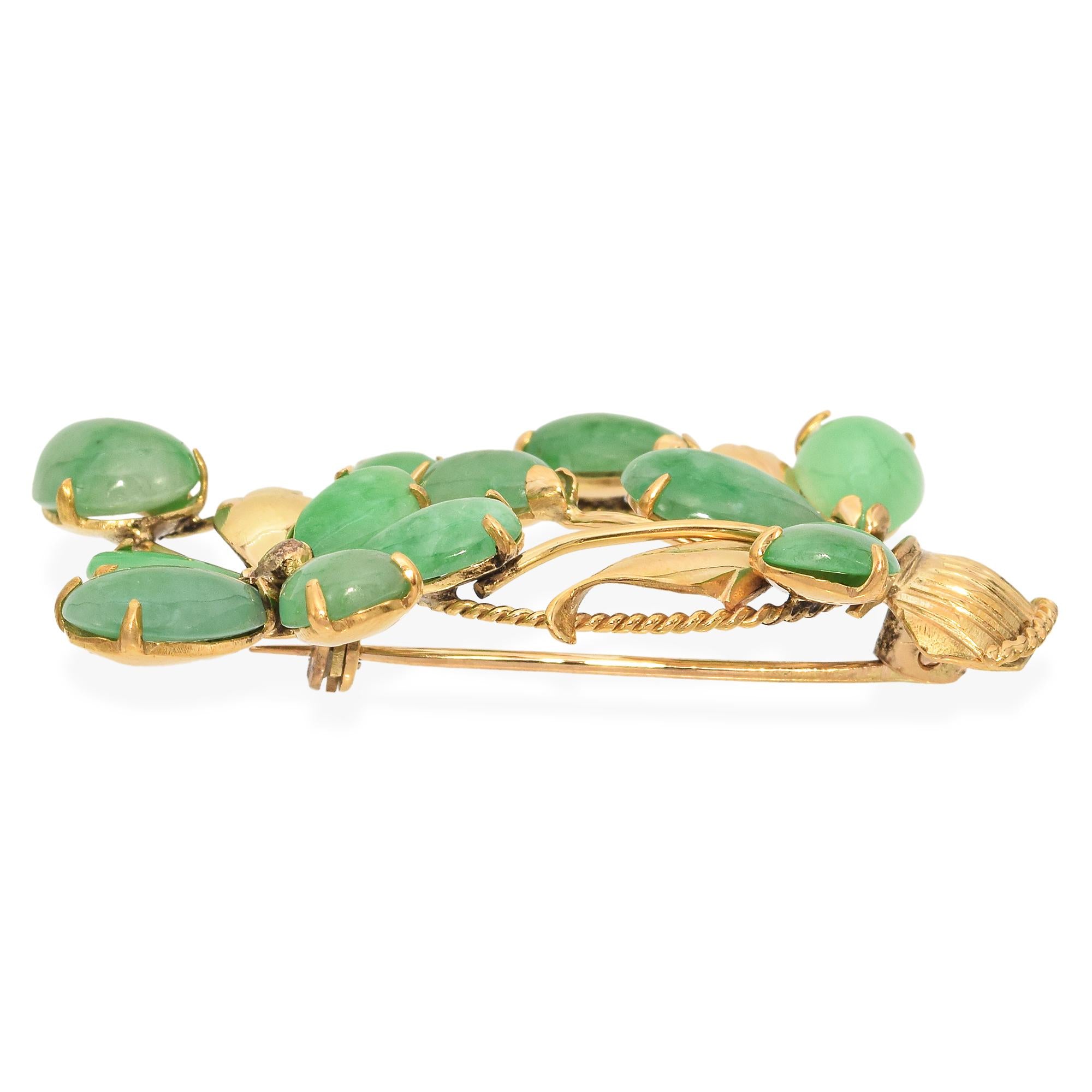 Vintage 14K Yellow Gold Jade Floral Basket Brooch