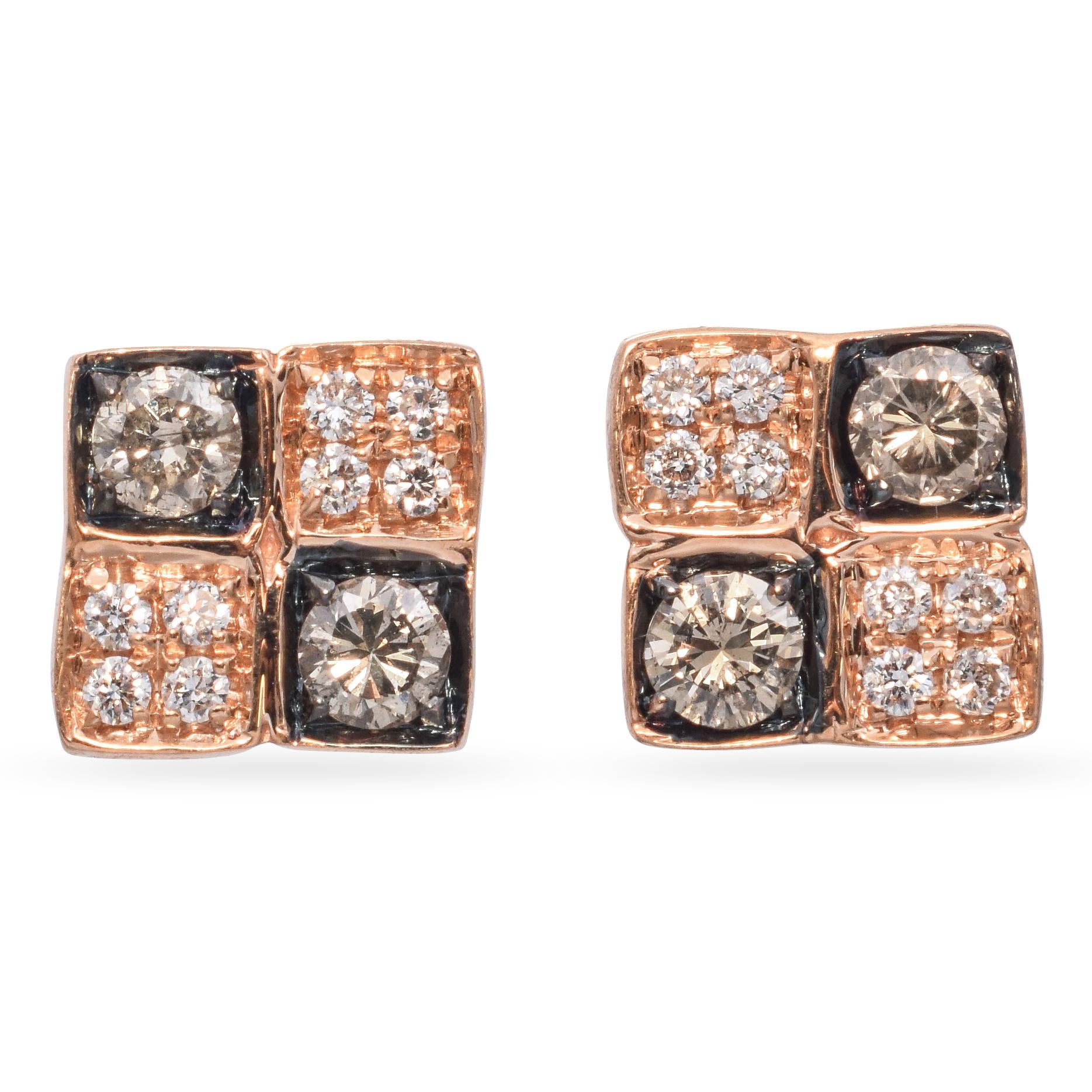 14K Rose Gold 0.32 TCW White & Champagne Diamond Checkerboard Stud Earrings