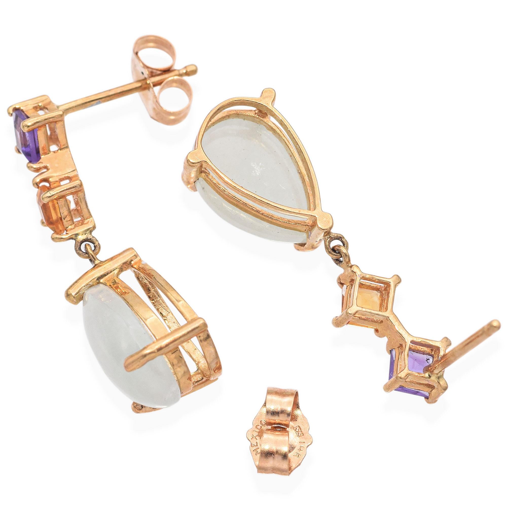 14K Yellow Gold 3.02 TCW Jade with Amethyst & Citrine Dangle Drop Earrings