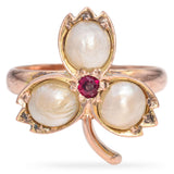 Victorian Yellow Gold Pearl and Ruby Clover Ring