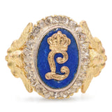 Antique 16k Yellow Gold and Enamel "L" Initial Ring with Rose Cut Diamond Halo