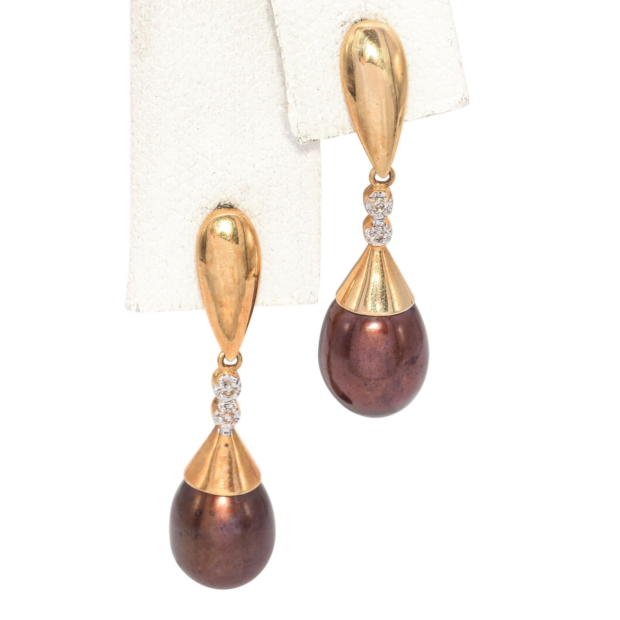 14K Yellow Gold Fancy Pearl with Accent Diamond Dangle Drop Earrings