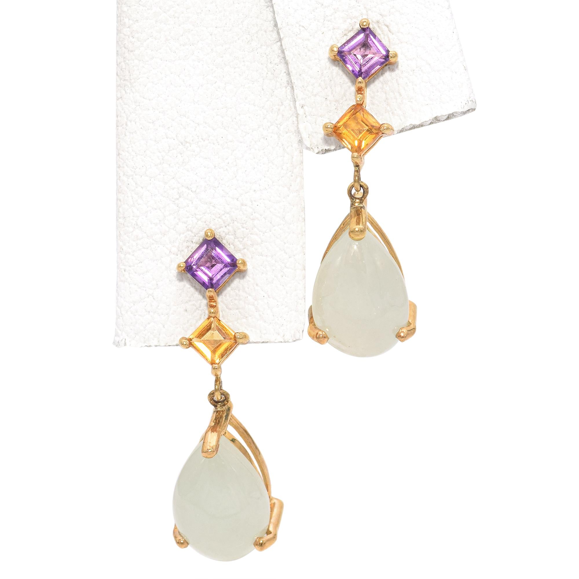 14K Yellow Gold 3.02 TCW Jade with Amethyst & Citrine Dangle Drop Earrings