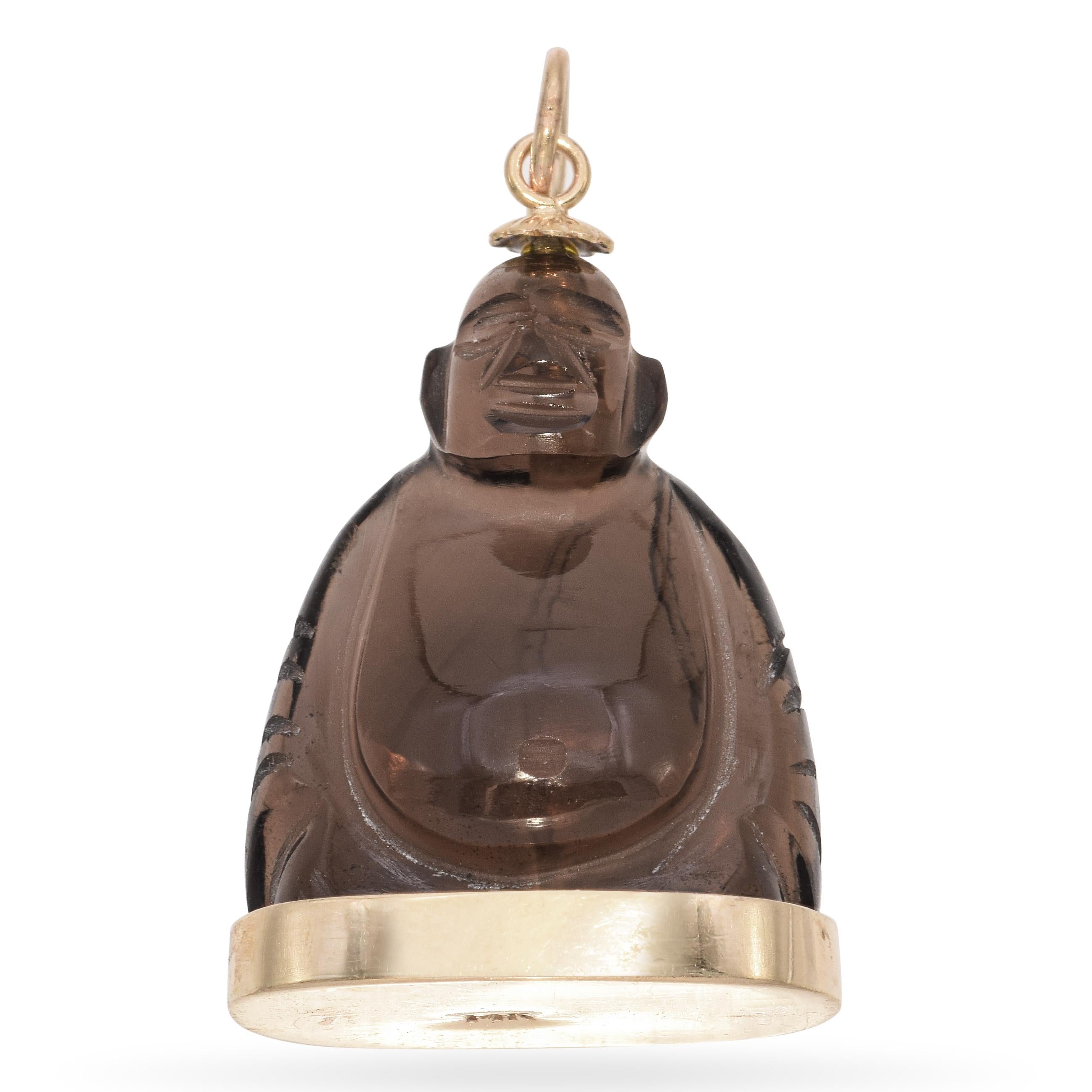 Vintage 14k Yellow Gold Carved Smoky Quartz Smiling Buddha 3D Pendant