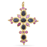 Vintage 18k Yellow Gold Sapphire and Ruby Cross Pendant