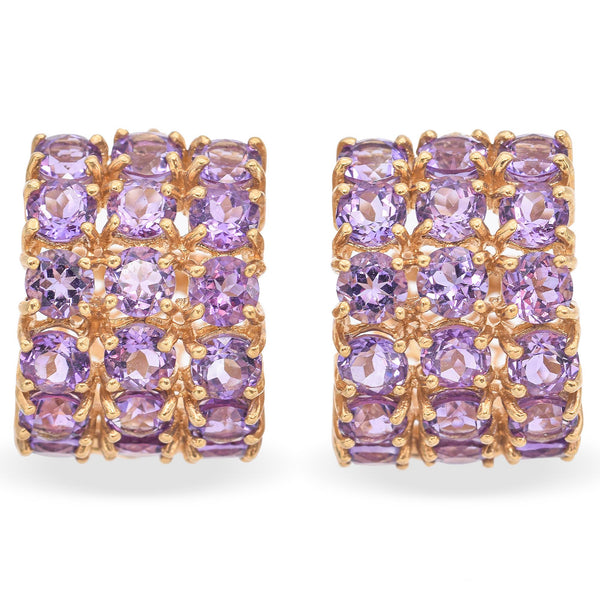 14K Yellow Gold 4.32TCW Amethyst 3 Rows Cluster Huggie Earrings