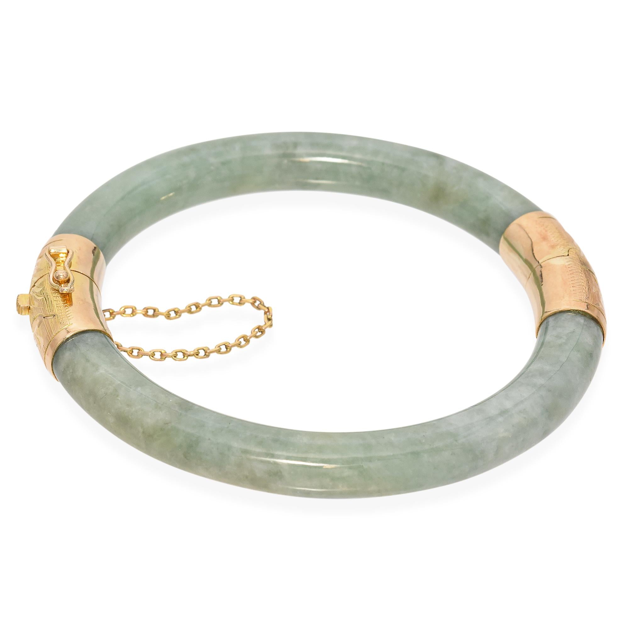 Vintage Yellow Gold Hinged Jade Bangle Bracelet