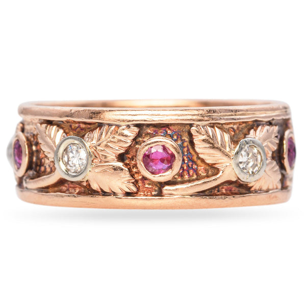 Vintage 14K Rose Gold Pink Sapphire and Diamond Leaf Motif Band