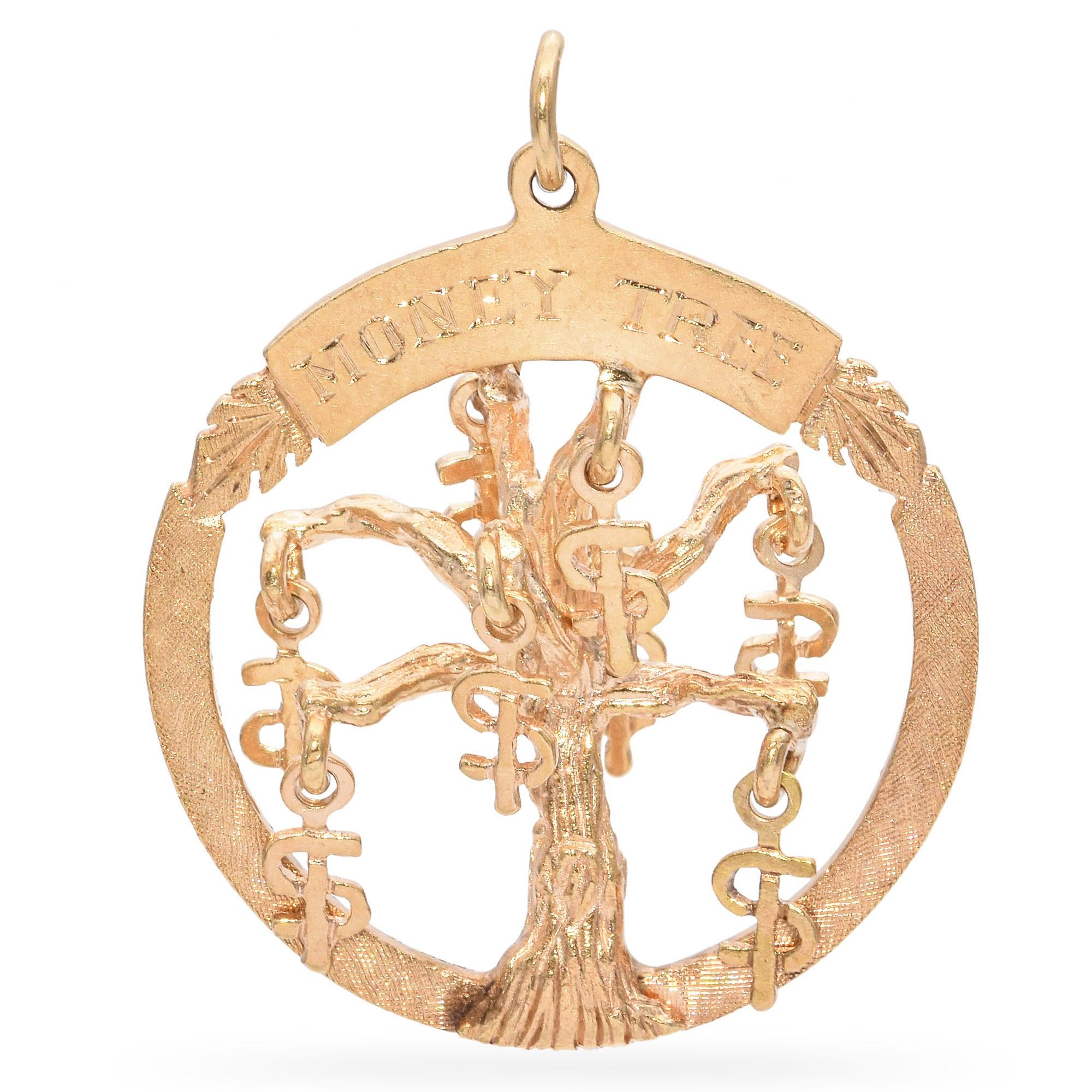 Vintage Yellow Gold Money Tree 3D Dangle Open Circle Pendant