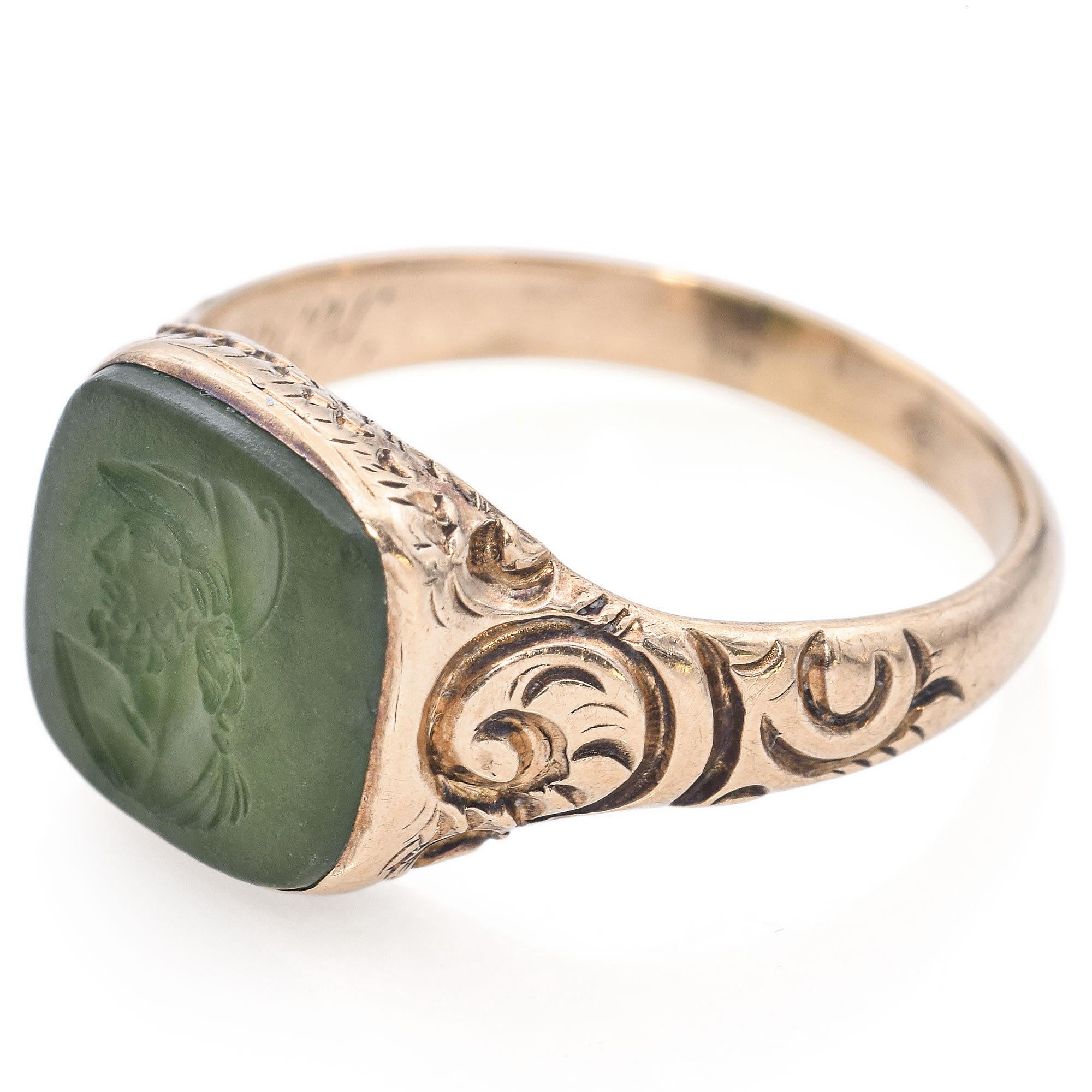 Antique 10K Yellow Gold 2 Ct Jade Carved Intaglio Ring