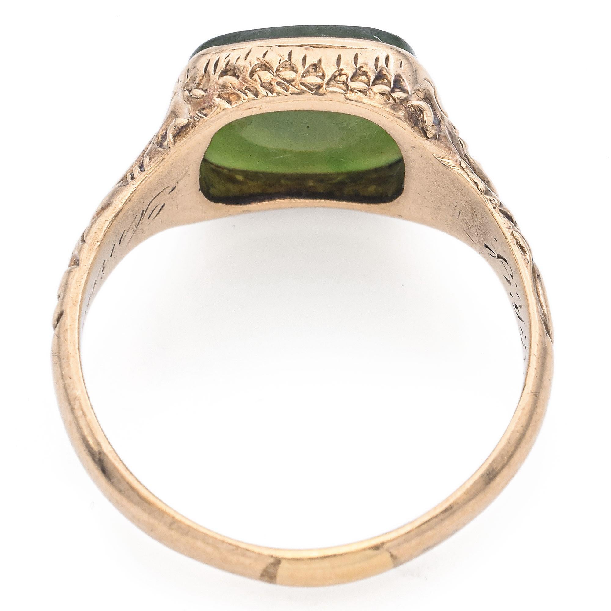 Antique 10K Yellow Gold 2 Ct Jade Carved Intaglio Ring