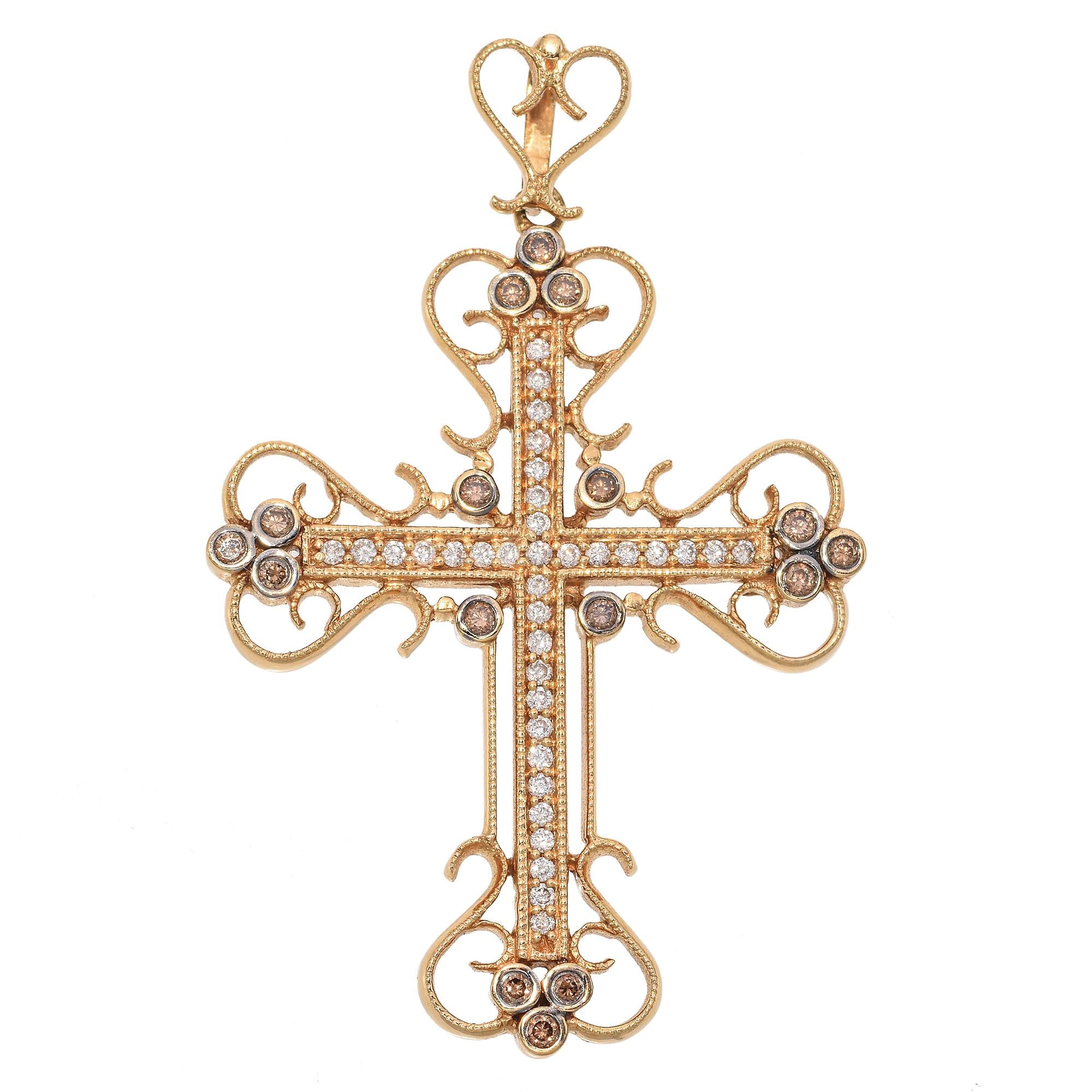 14K Yellow Gold 0.59 TCW Champagne & White Diamond Cross Pendant