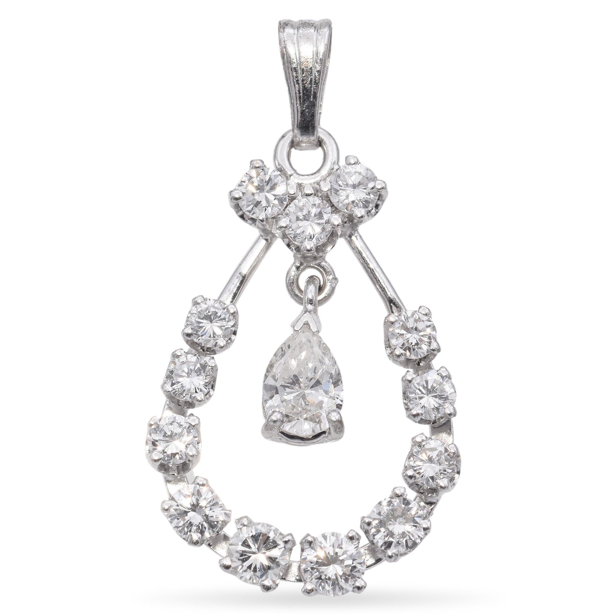 14K White Gold 0.83 TCW Round Diamond with Swinging Pear Diamond Pendant