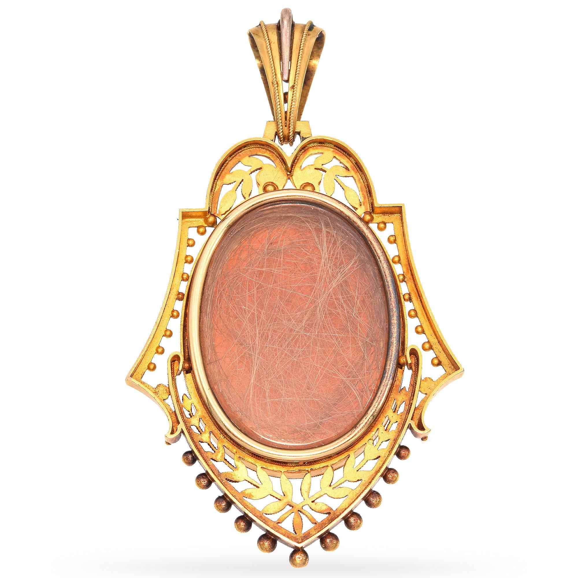 Antique Victorian 21k Yellow Gold Hardstone Cameo Pendant with Cannetille Detail