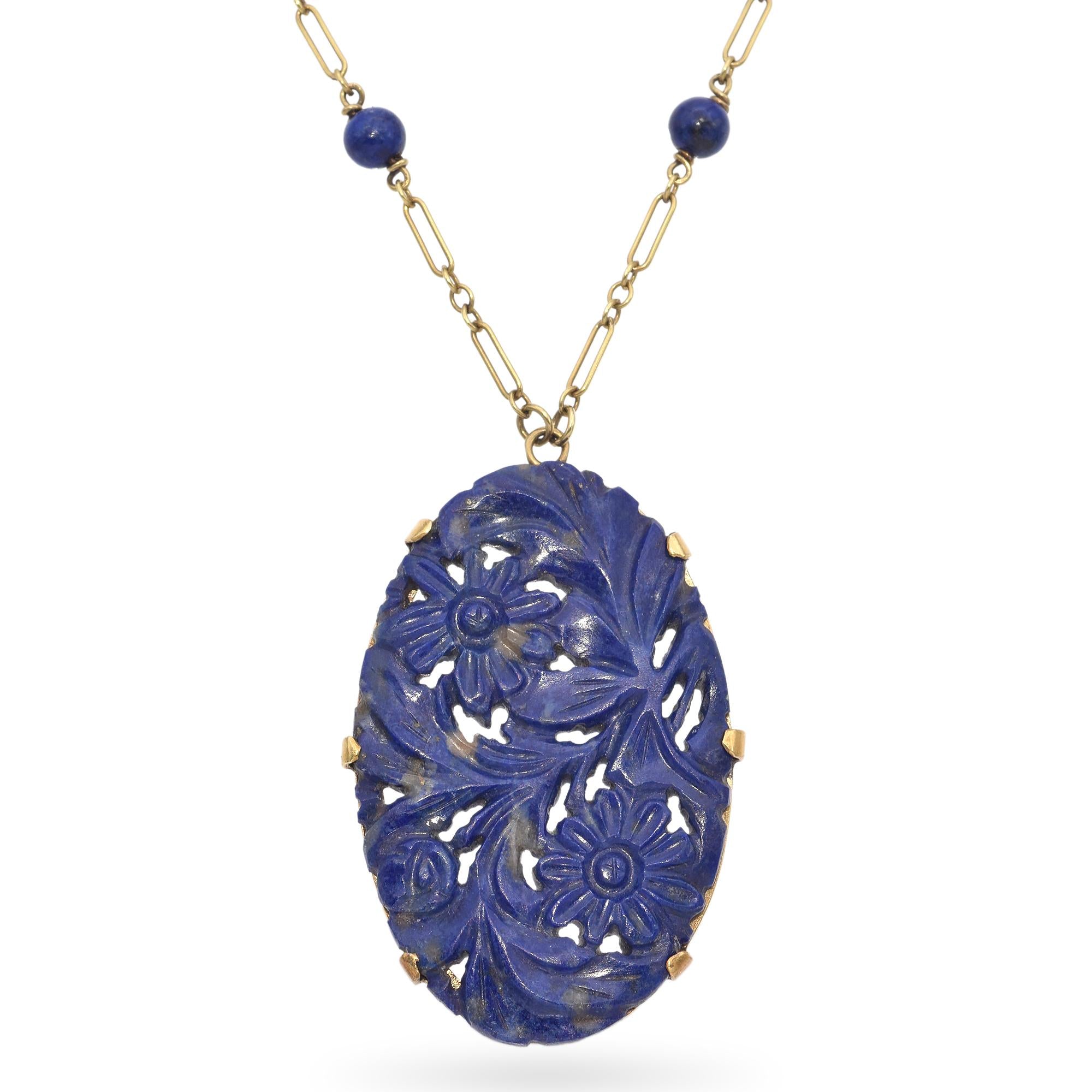 Vintage Yellow Gold Carved Sodalite Floral Motif Necklace