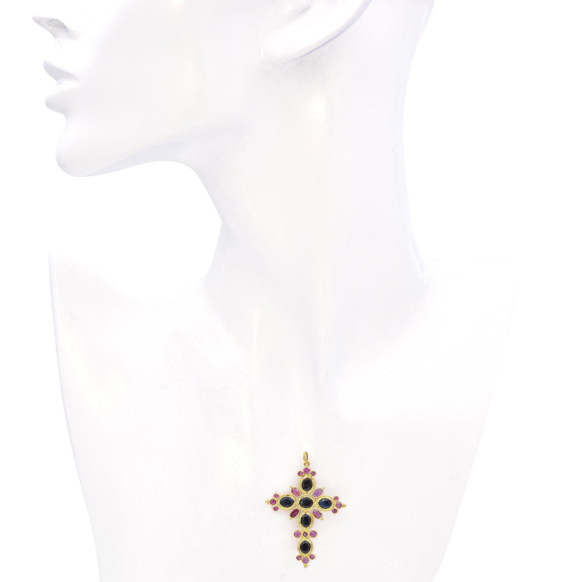 Vintage 18k Yellow Gold Sapphire and Ruby Cross Pendant