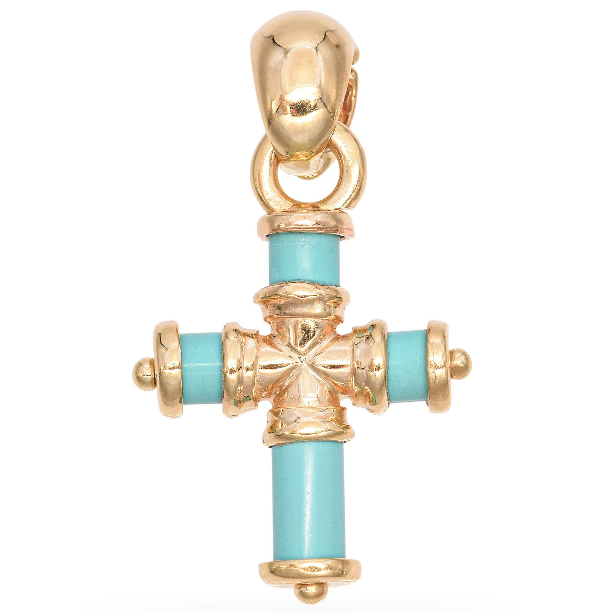 14K Yellow Gold Turquoise Cross Pendant