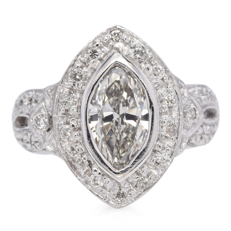 Vintage 14K White Gold 1.59 TCW Marquise and Round Diamond Ring