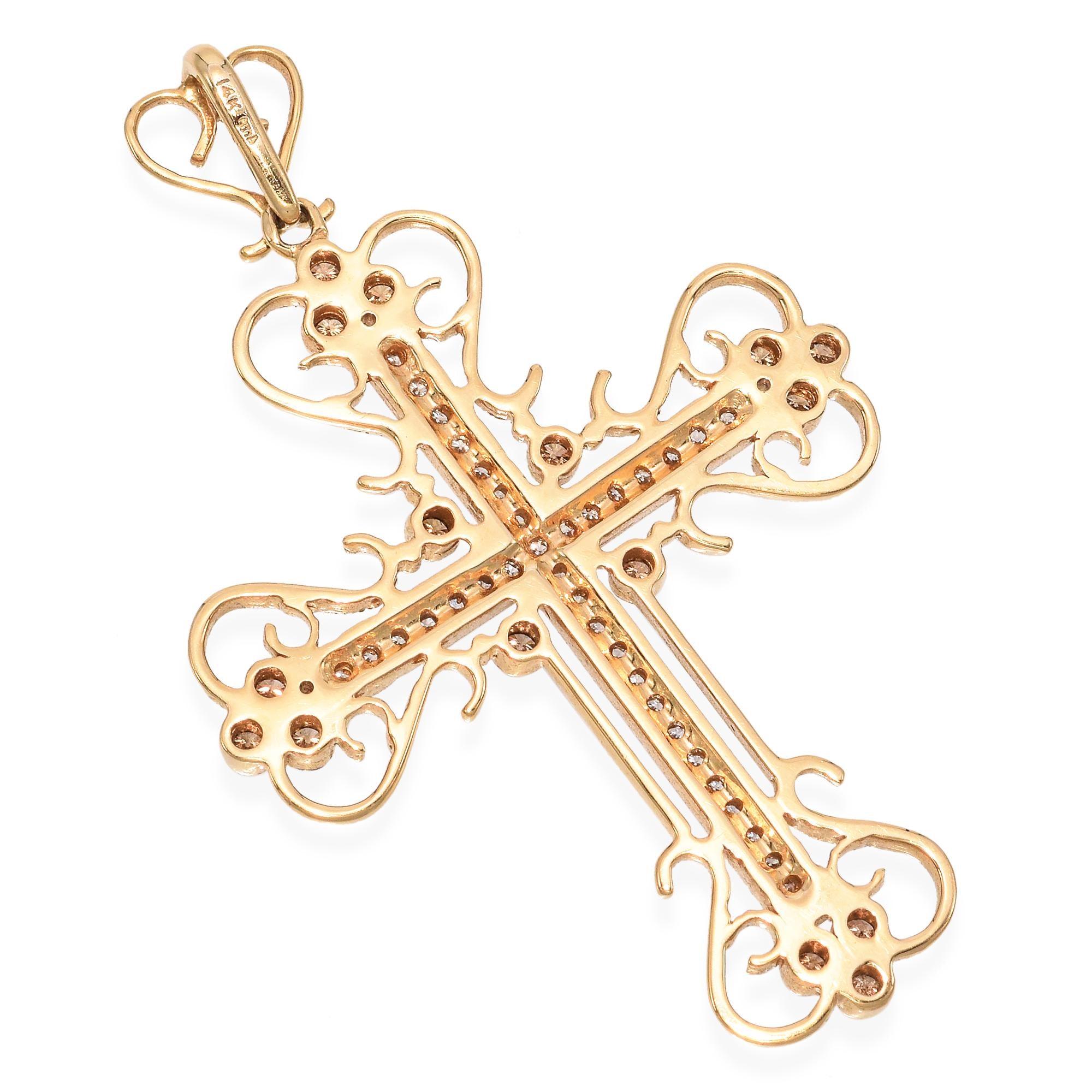 14K Yellow Gold 0.59 TCW Champagne & White Diamond Cross Pendant