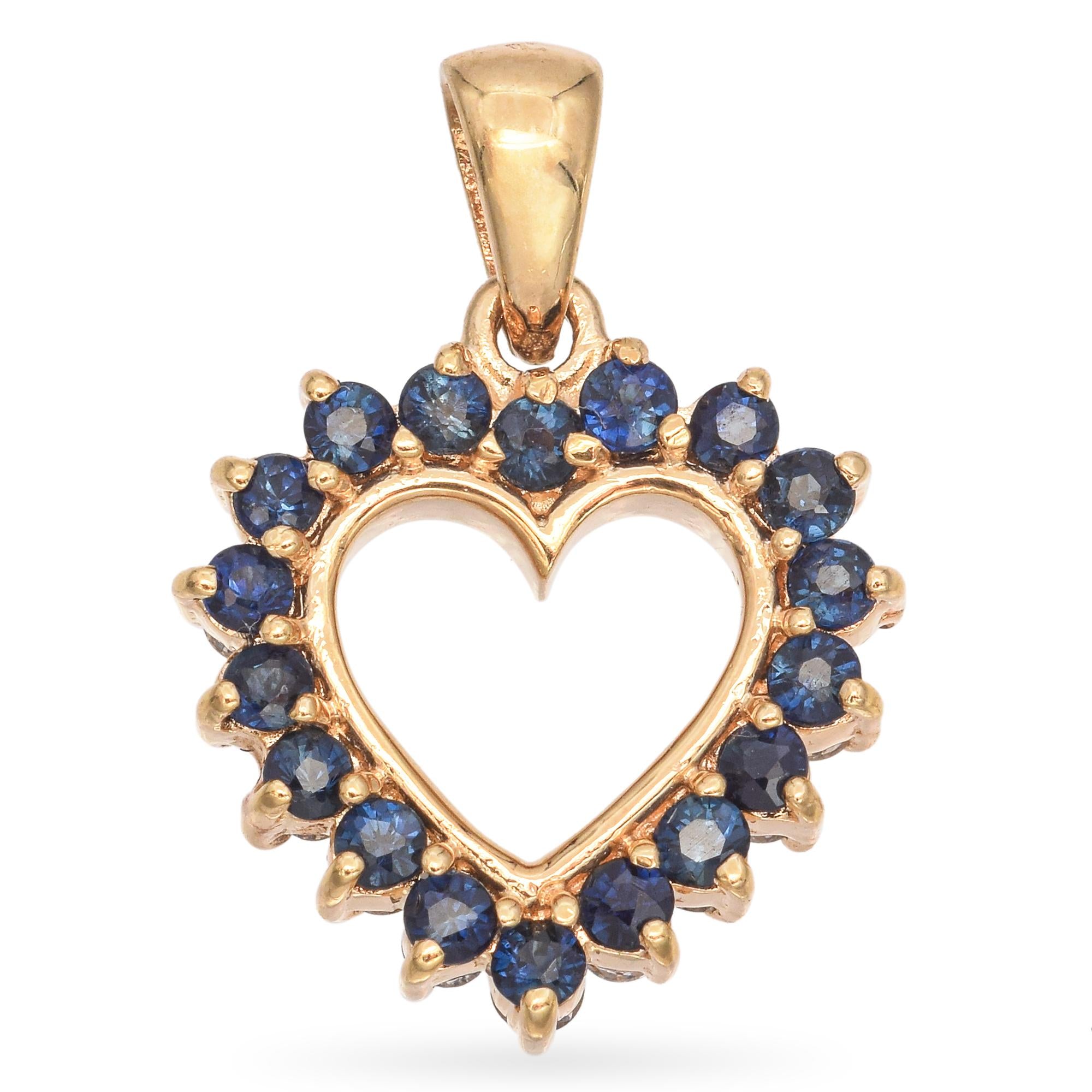 14K Yellow Gold Open Heart Diamond and Sapphire Reversible Pendant