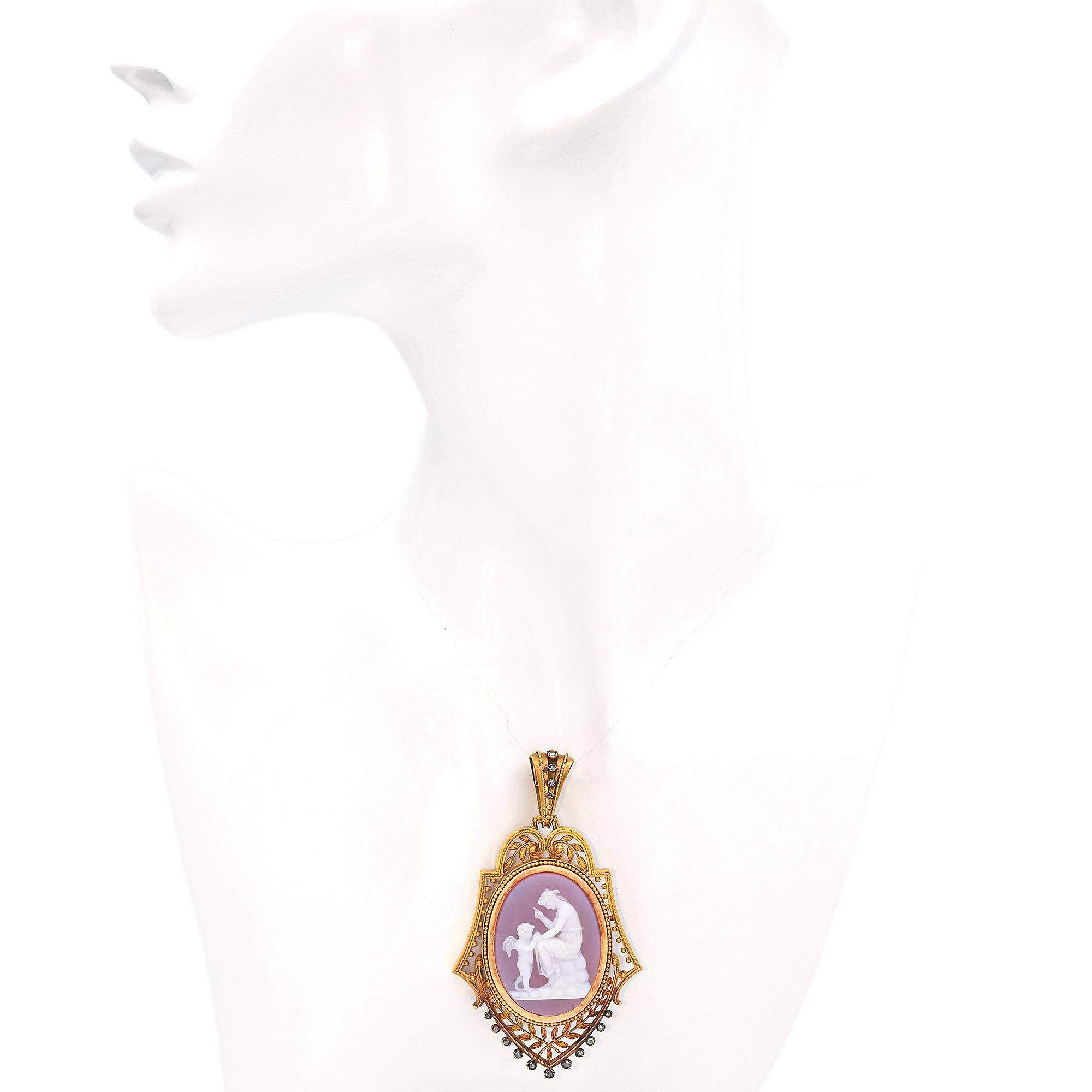 Antique Victorian 21k Yellow Gold Hardstone Cameo Pendant with Cannetille Detail