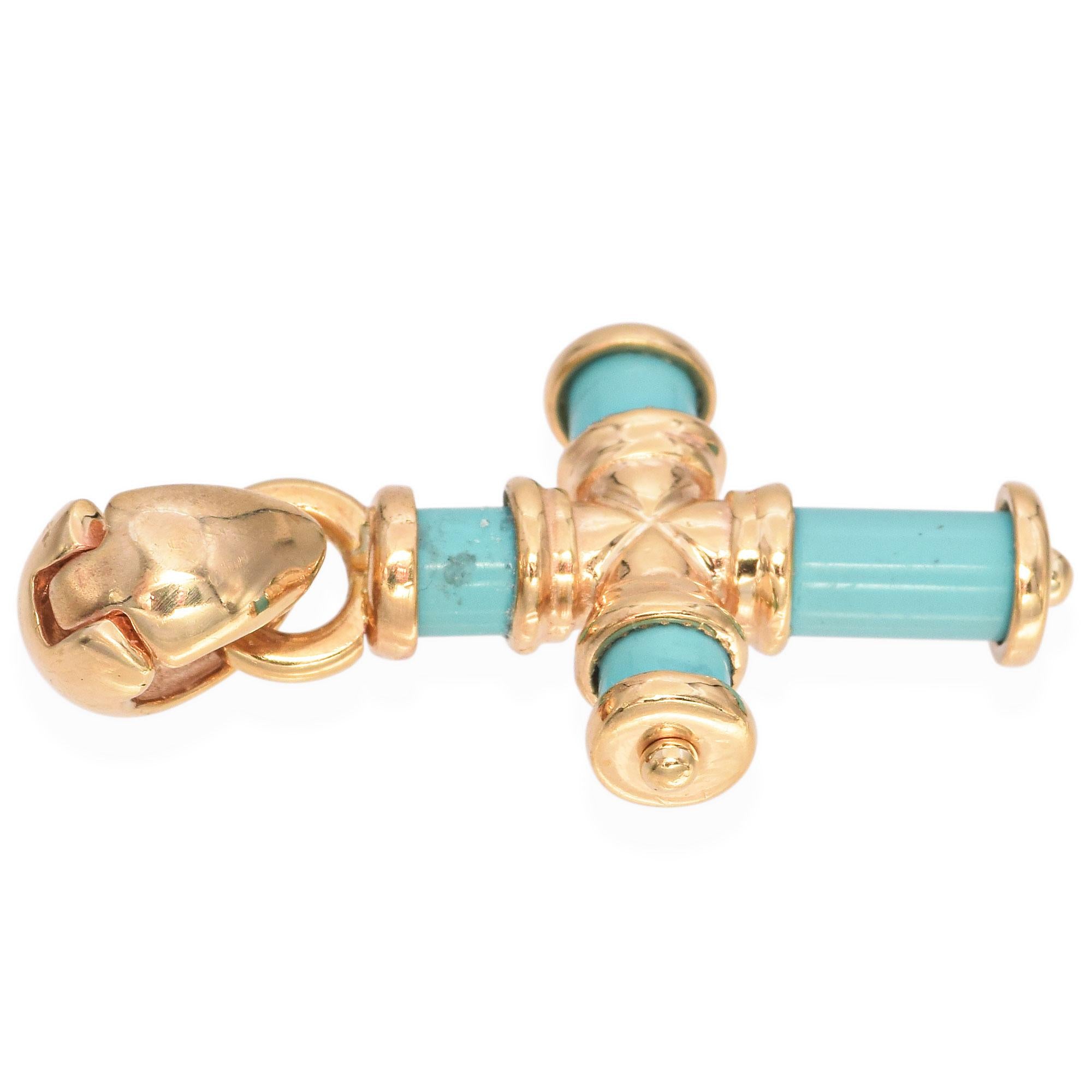 14K Yellow Gold Turquoise Cross Pendant