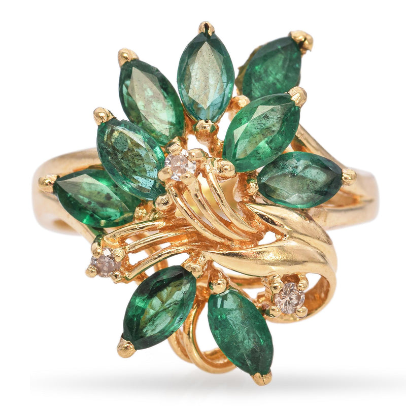 14K Yellow Gold Marquise 1.49 Ct. Emerald & Diamond Cocktail Ring