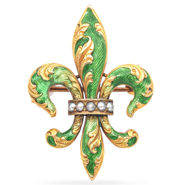 Antique Victorian 14k Yellow Gold Fleur-De-Lis Green Guilloché Enamel Brooch