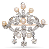 Antique 18K Gold and Platinum Old European Diamond and Pearl Brooch Pendant