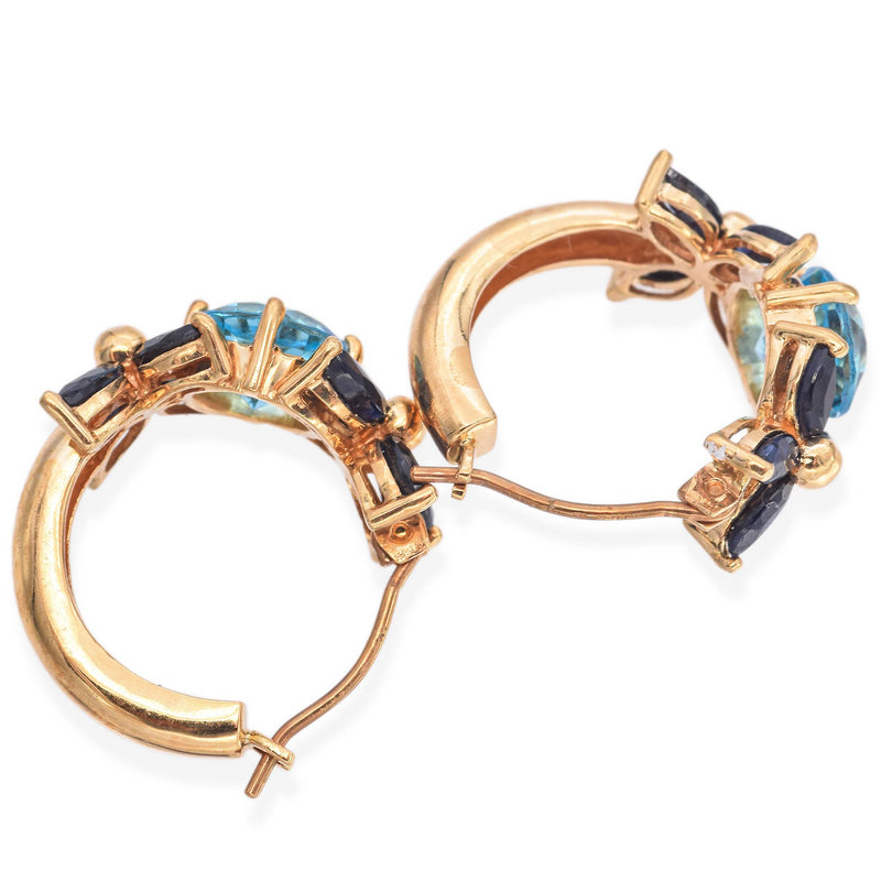 14K Yellow Gold 2.0 TCW Topaz with Sapphire Floral Motif Hoop Earrings