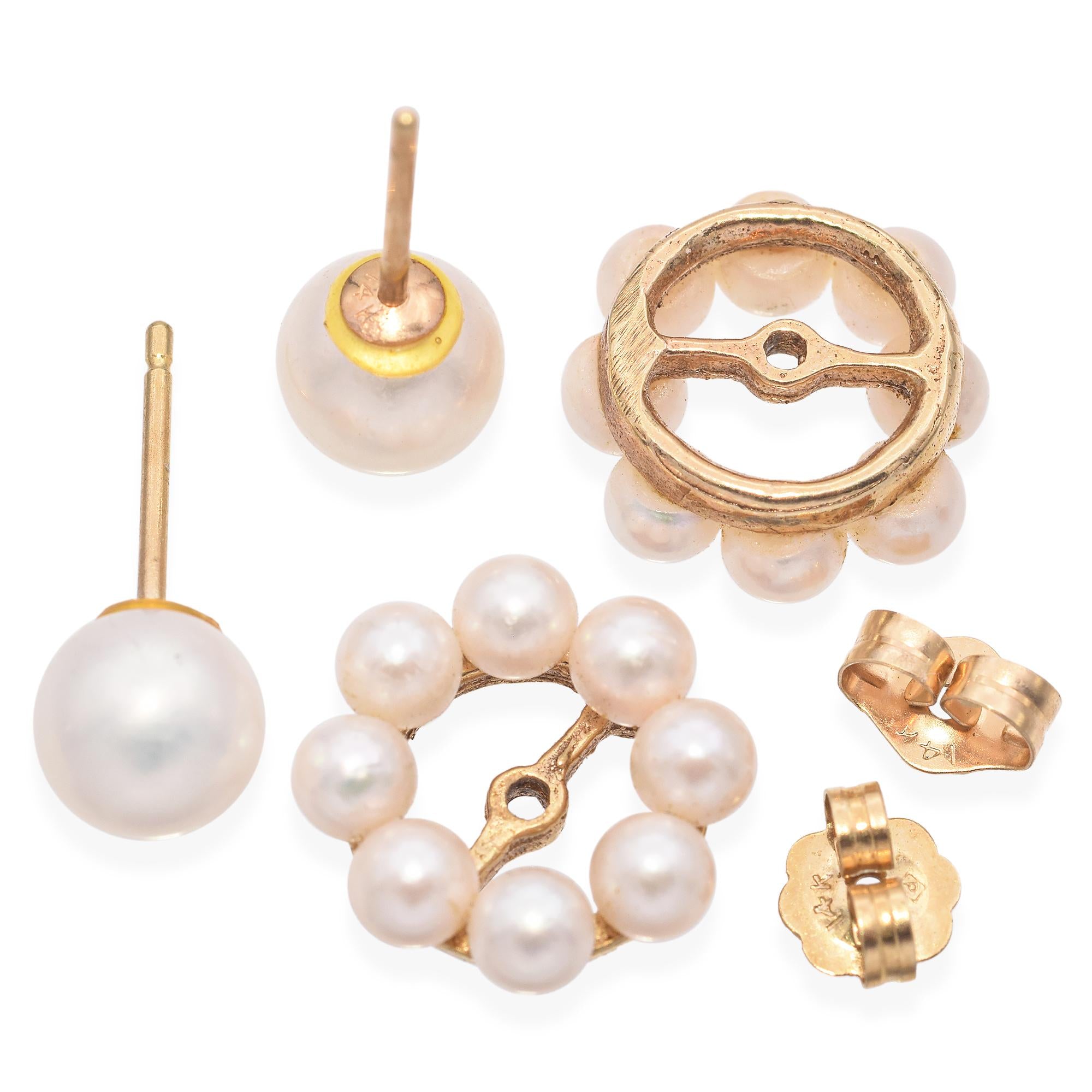 14K Yellow Gold Cultured Pearl Halo Jacket Stud Earrings