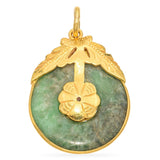 Vintage 23K Yellow Gold Green Jade Round Donut Disc Pendant