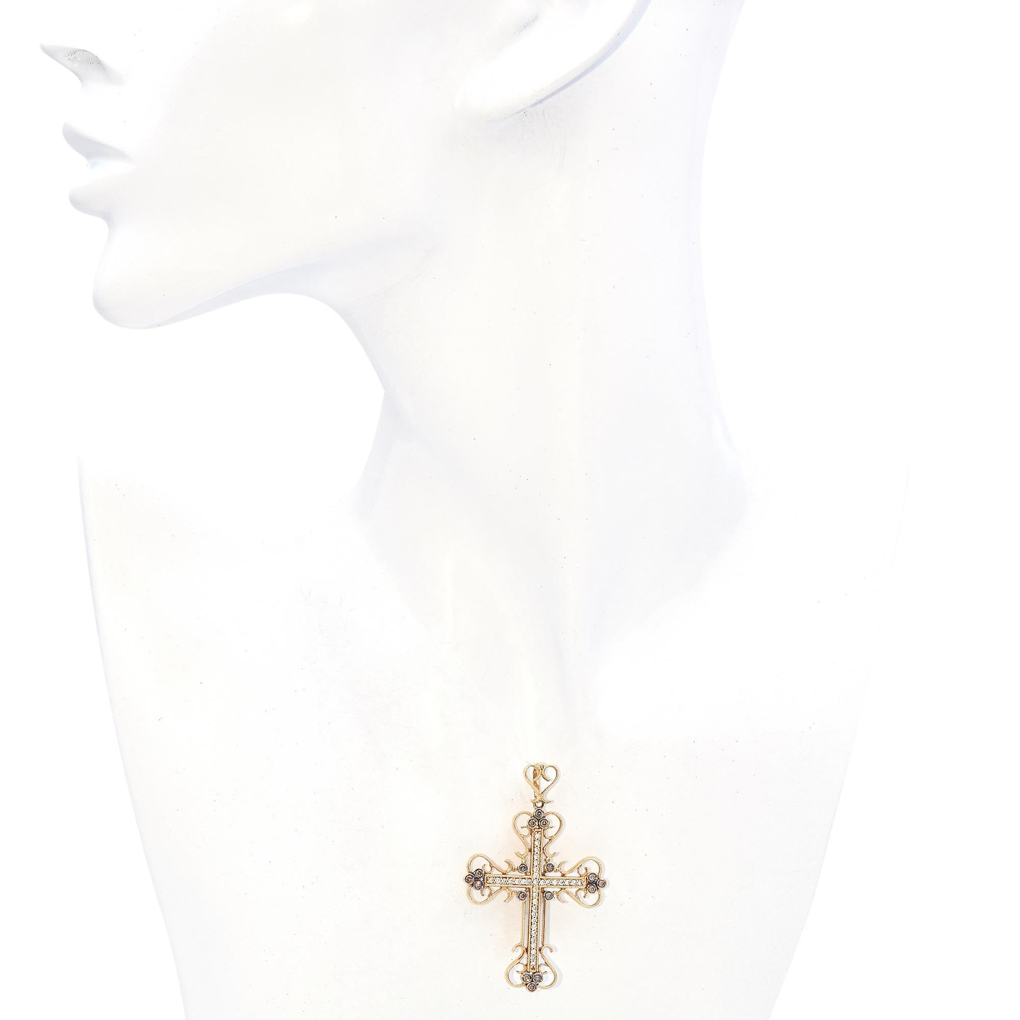 14K Yellow Gold 0.59 TCW Champagne & White Diamond Cross Pendant