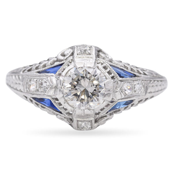 Vintage Art Deco Platinum 0.74 TCW Diamond and Sapphire Filigree Engagement Ring