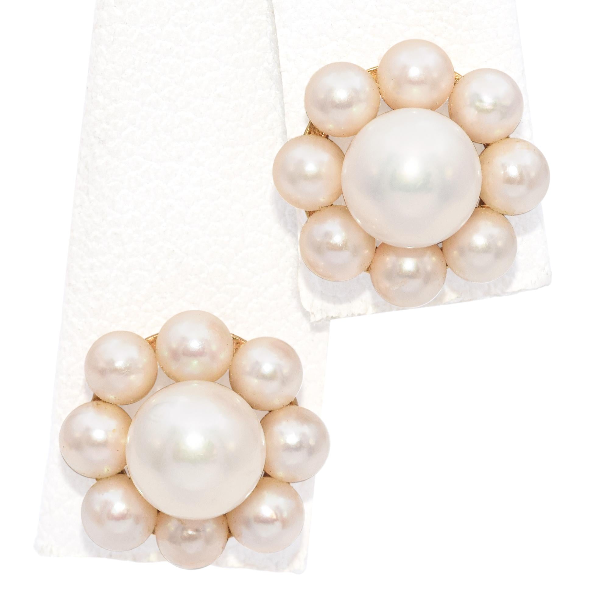 14K Yellow Gold Cultured Pearl Halo Jacket Stud Earrings